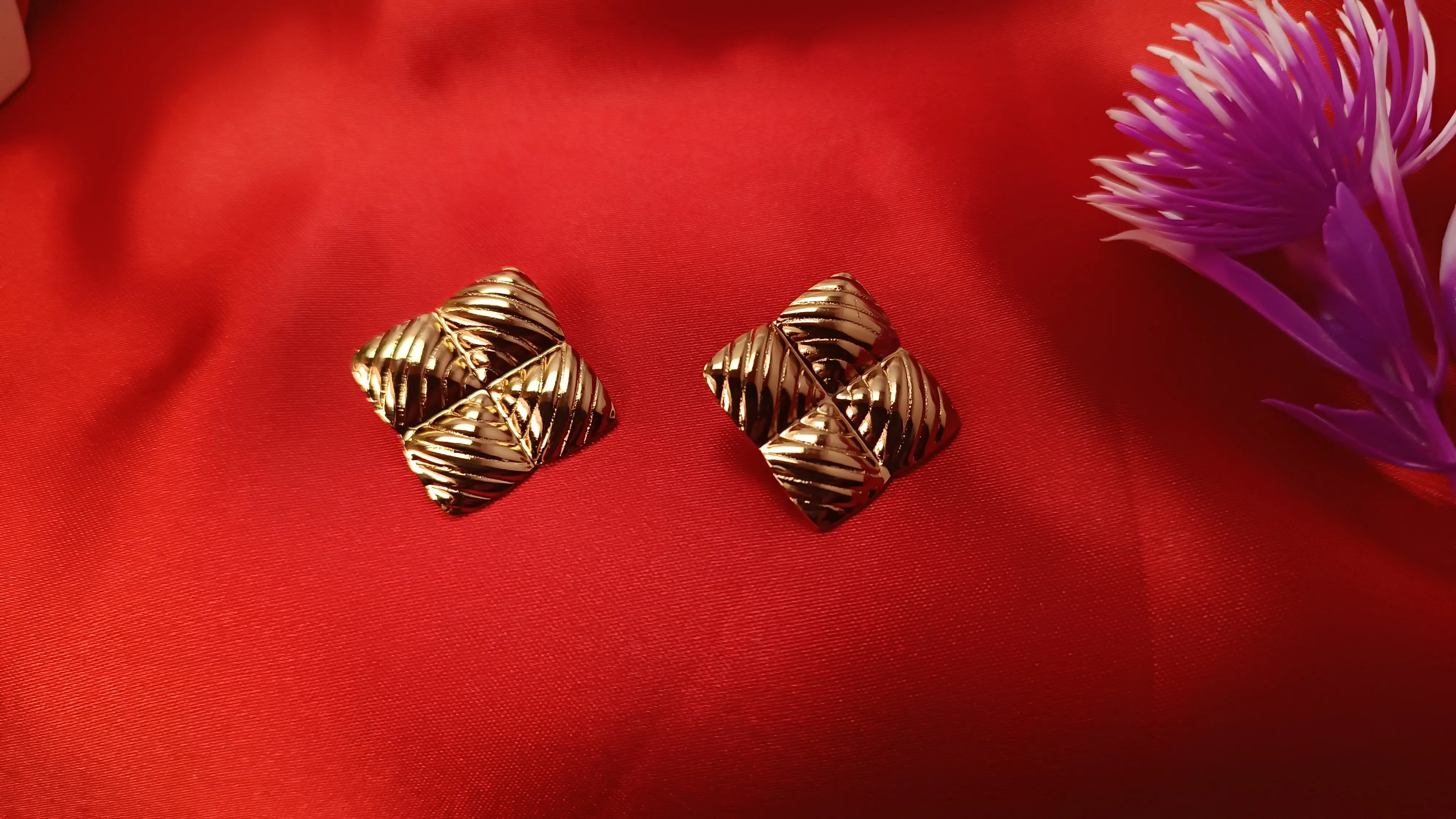 Gold Plated Ribbed Square Stud Earrings – Quilted Tessellation Design in Stainless Steel